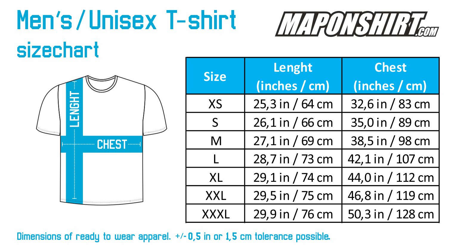 MapOnShirt T-shirt sizechart Men Unisex